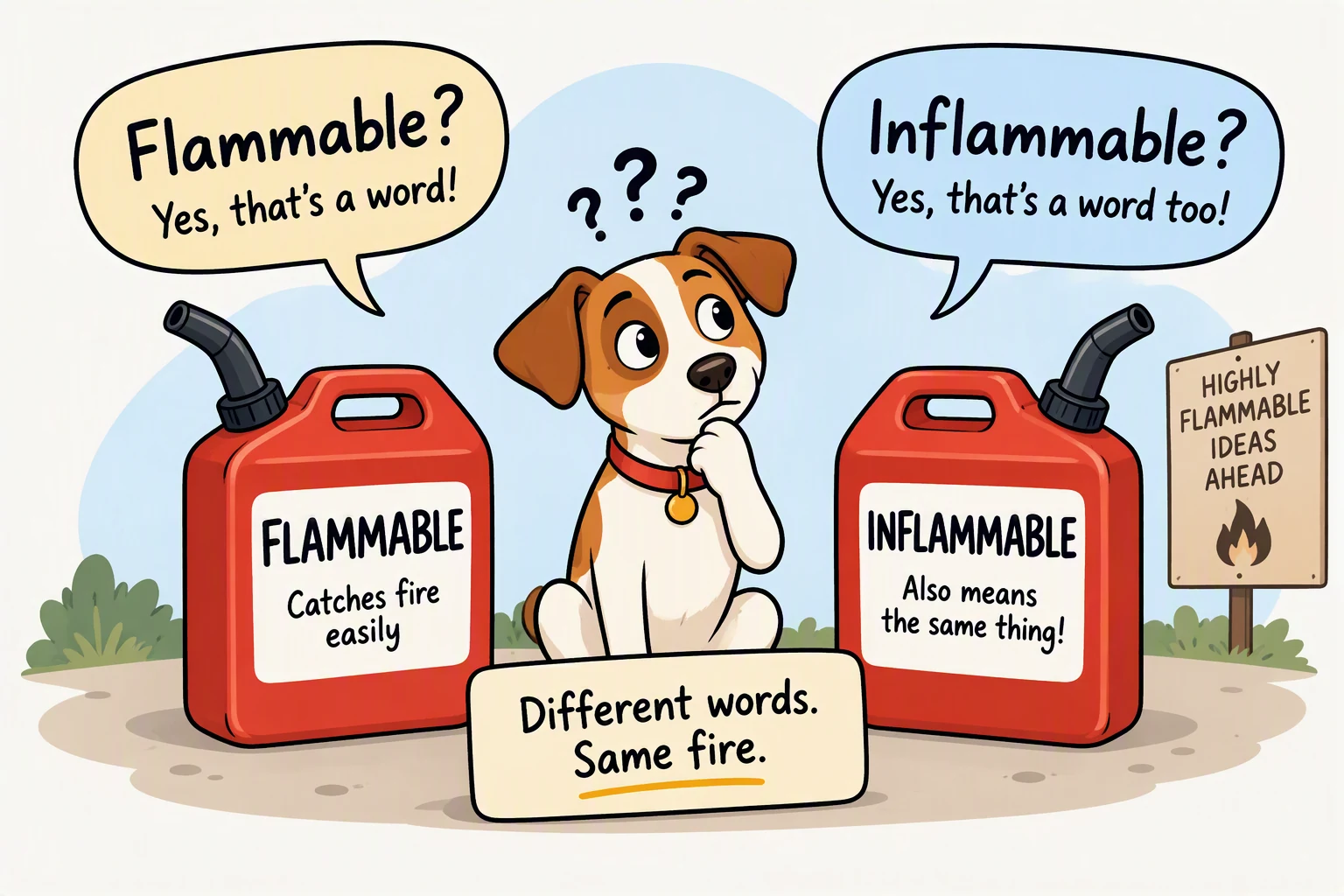 Cartoon illustration of a confused dog sitting between two red containers, one labeled "flammable: catches fire easily" and the other "inflammable: also means the same thing", next to a sign reading "highly flammable ideas ahead".