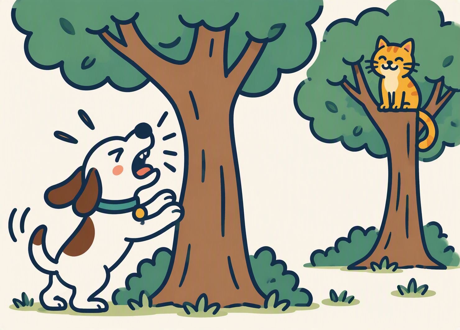 Cartoon illustration of a dog barking enthusiastically up an empty tree, while a cat sits in plain sight in the tree right next door, completely unnoticed.