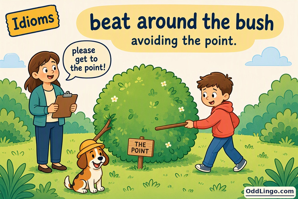 Cartoon illustration of a cheerful child in a red hoodie walking past a big round green bush and pointing a long twig at it, while a smiling teacher with a clipboard says "please get to the point!" and a happy brown-and-white dog in a yellow sun hat sits on the grass. A small wooden sign at the bottom of the bush reads "The Point", under the title "Beat around the bush: avoiding the point".