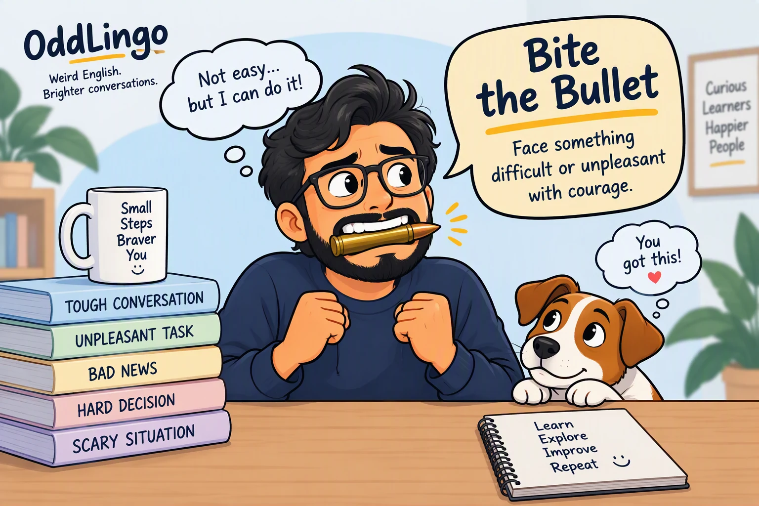 Cartoon illustration of a person clenching their fists and biting down on a bullet at a desk, with a speech bubble explaining "bite the bullet" means to face something difficult or unpleasant with courage, while a supportive dog looks on.