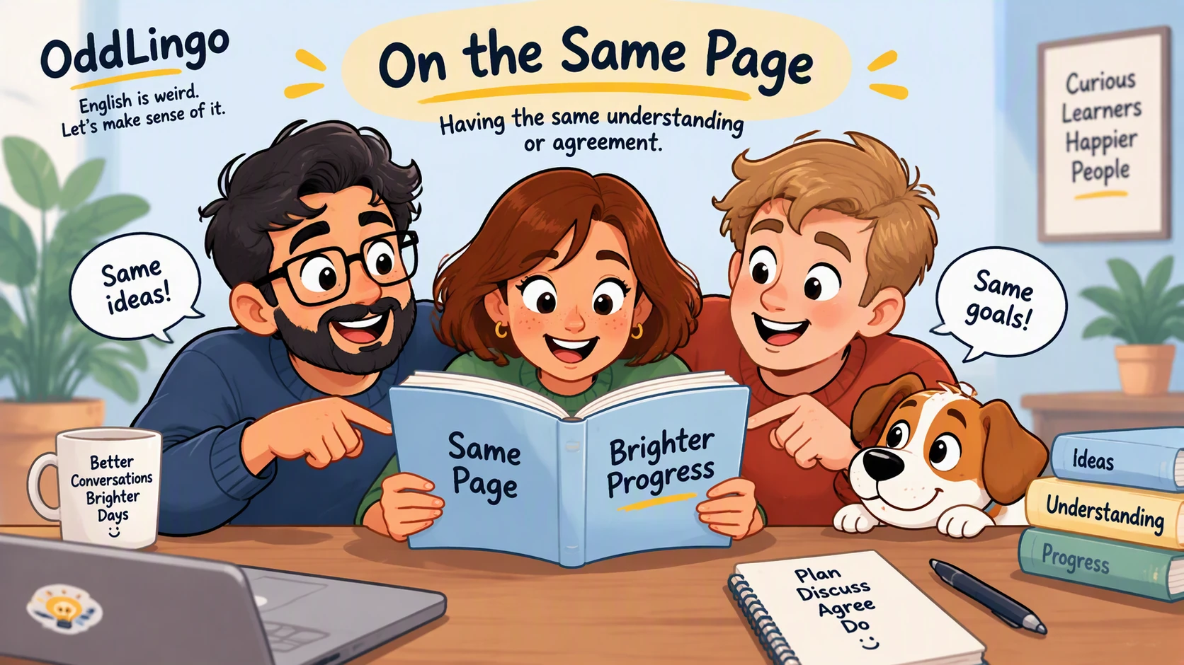 Cartoon illustration of three friends crowded around one open book titled "Same Page", pointing at it with big smiles, with speech bubbles saying "Same ideas!" and "Same goals!" while a happy dog looks on, under the heading "On the Same Page: having the same understanding or agreement".