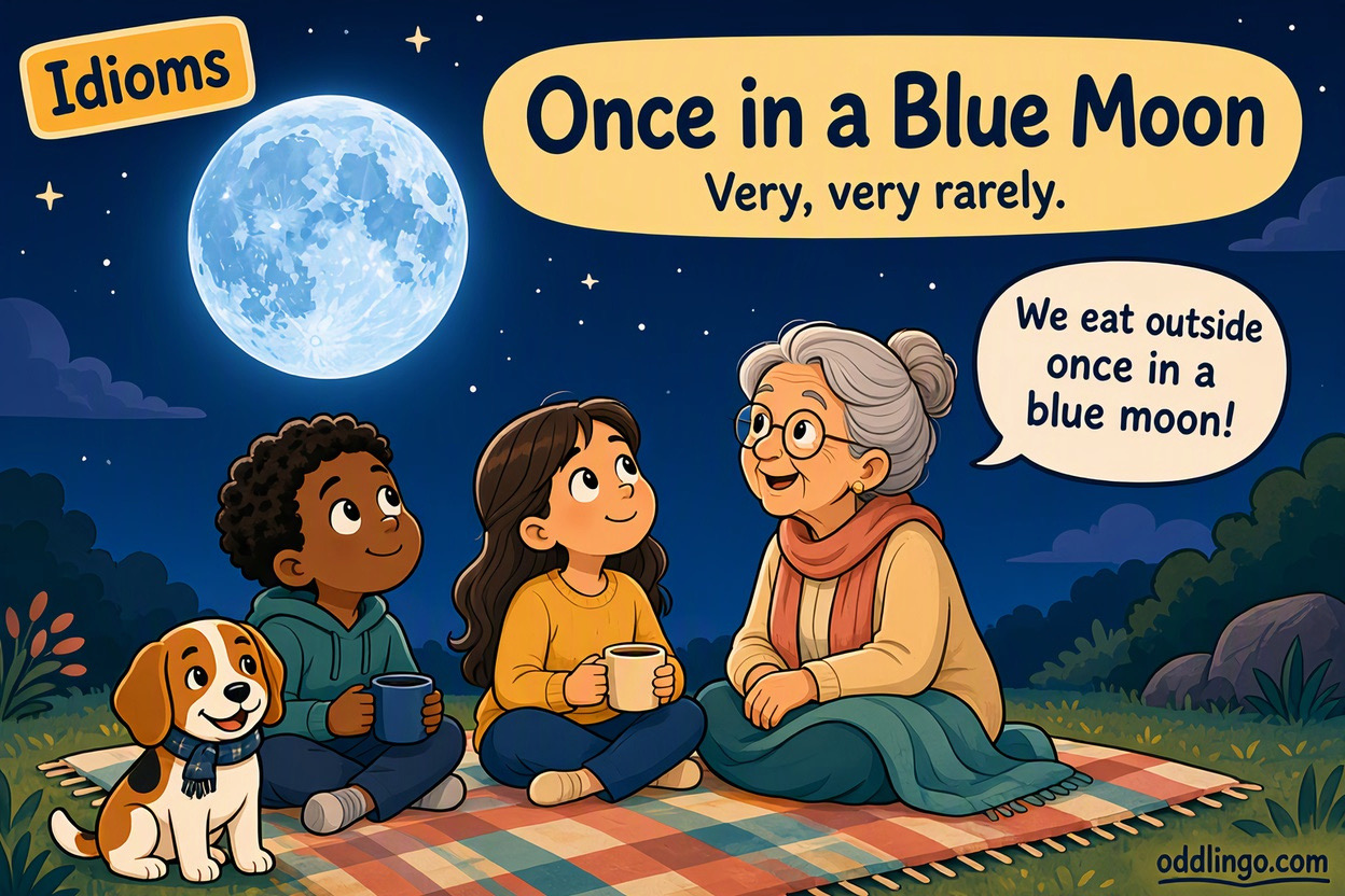 Cartoon illustration of a grandparent in glasses and a coral scarf, two children with cocoa mugs and a small brown-and-white dog in a scarf sitting on a picnic blanket at dusk, looking up at a big glowing pale-blue full moon. The grandparent says "We eat outside once in a blue moon!", beneath the title "Once in a Blue Moon: very, very rarely".