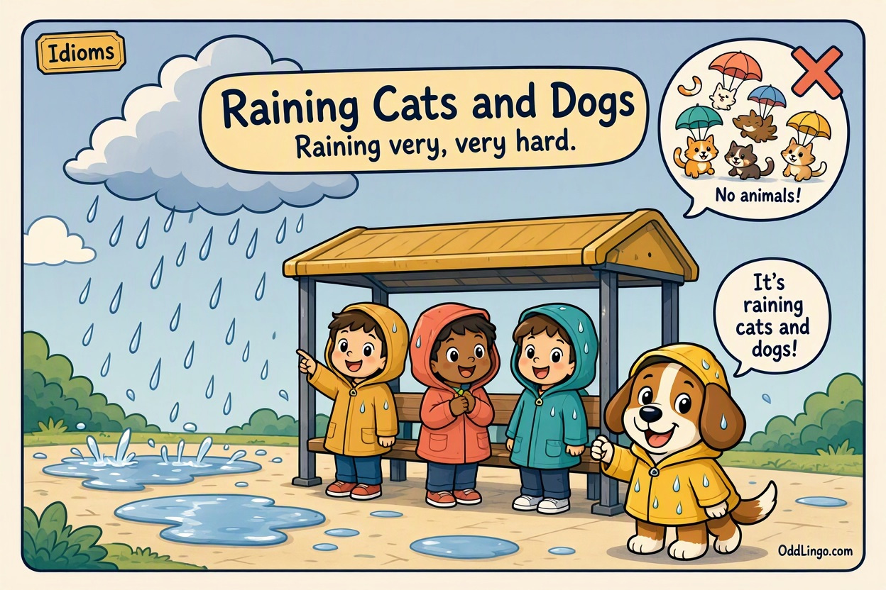 Cartoon illustration of three children in colourful raincoats and a happy dog in a yellow raincoat sheltering at a bus stop while heavy rain pours from a cloud and splashes into puddles, under the title "Raining Cats and Dogs: raining very, very hard". A speech bubble says "It's raining cats and dogs!", and a thought bubble shows cats and dogs floating down on tiny parachutes, crossed out with a red X and labelled "No animals!".