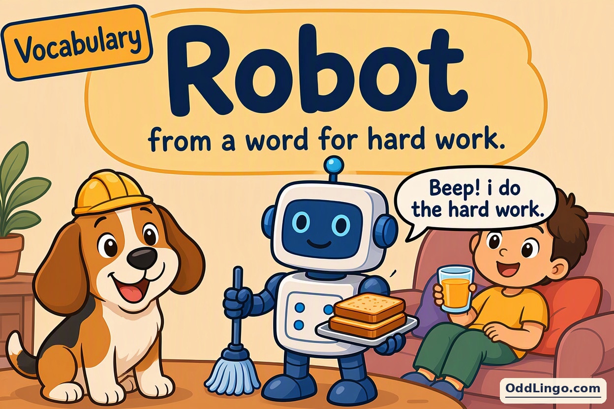 Cartoon illustration of a friendly blue-and-white robot carrying a tray of toast and a mop, saying "Beep! i do the hard work.", while a smiling child relaxes on a sofa with a glass of orange juice and a happy dog in a yellow hard hat sits beside them, beneath the title "Robot: from a word for hard work".